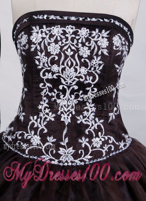 Strapless Black Ball Gown Sweet Sixteen Dresses with White Embroidery